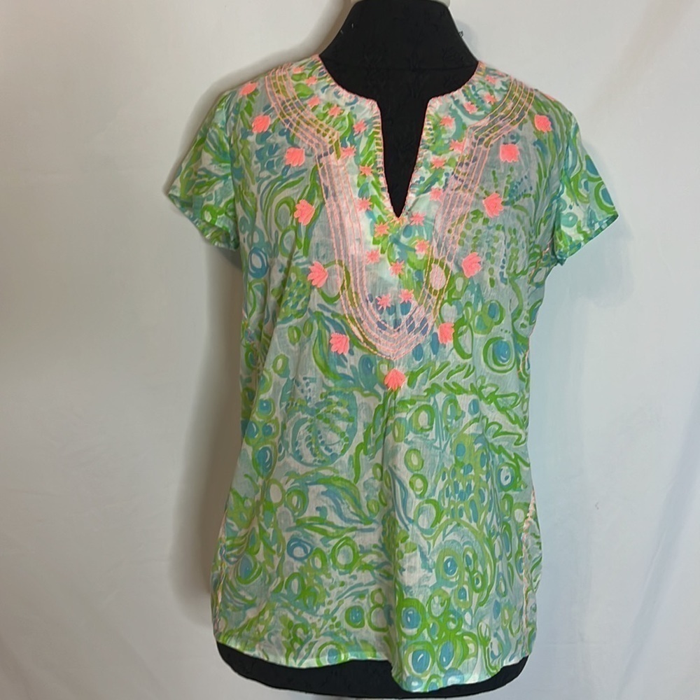 Lilly Pulitzer Cotton Embroidered Under the Sea Short Sleeve Blouse